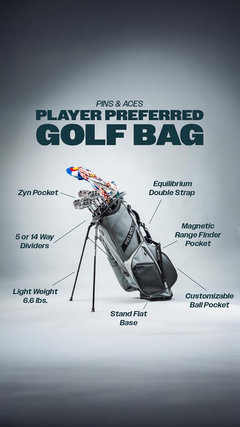 Pins & Aces Player Preferred Golf Bag - Premium Design, Lightweight Golf Bag with Stand - Velvet-Lined 5-Way Club Divider System