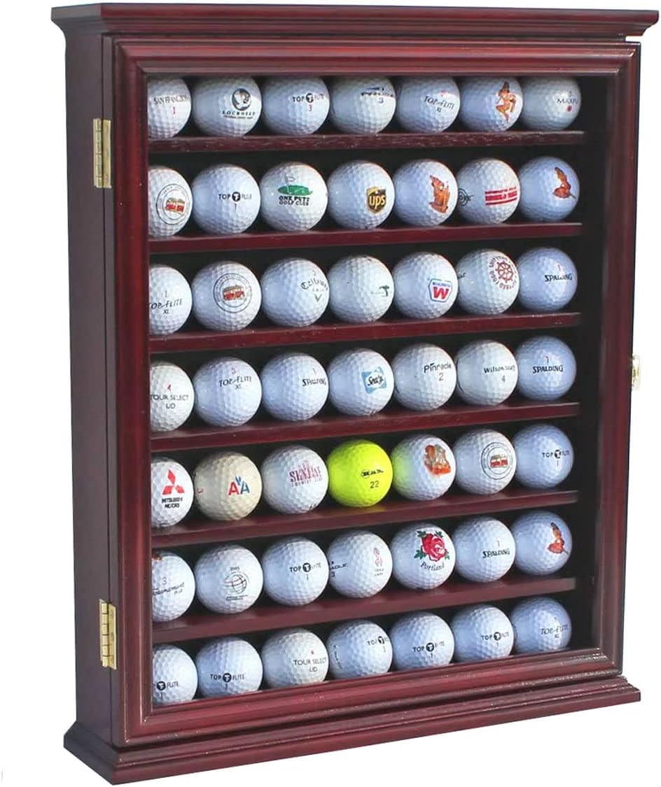DisplayGifts 49 Golf Ball Display Case Cabinet Wall Rack Holder Solid Wood Frame with 98% UV Protection Lockable Real Glass Door, Great Golfer's Gift
