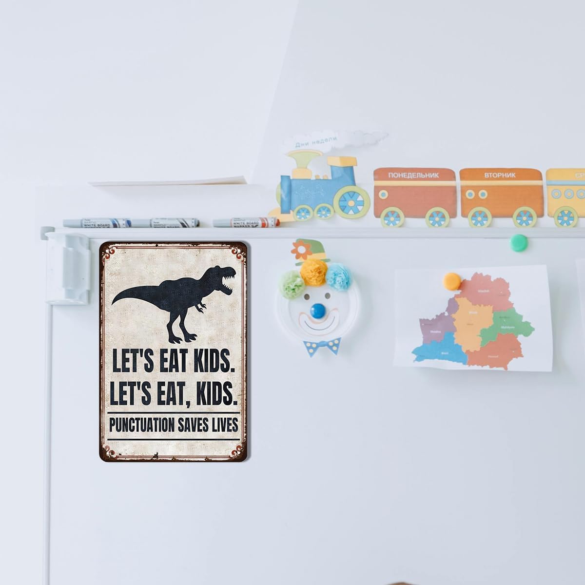 Funny English Classroom Wall Art - Punctuation Saves Lives Metal Sign - Let's Eat, Kids Grammar Decor for High School and Middle School Teachers, English Teacher Gift, 8"x12" Metal Poster