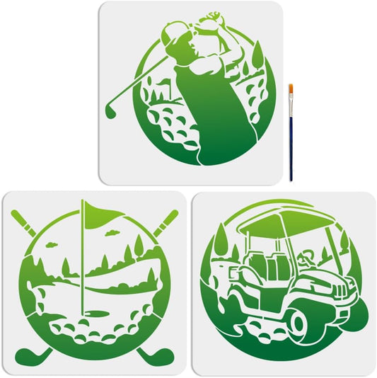 MAYJOYDIY 3-Pack Golf Stencils - 11.8x11.8in Golf Ball, Swing Border & Club Templates for Crafts, Wood, Wall, Fabric & Furniture