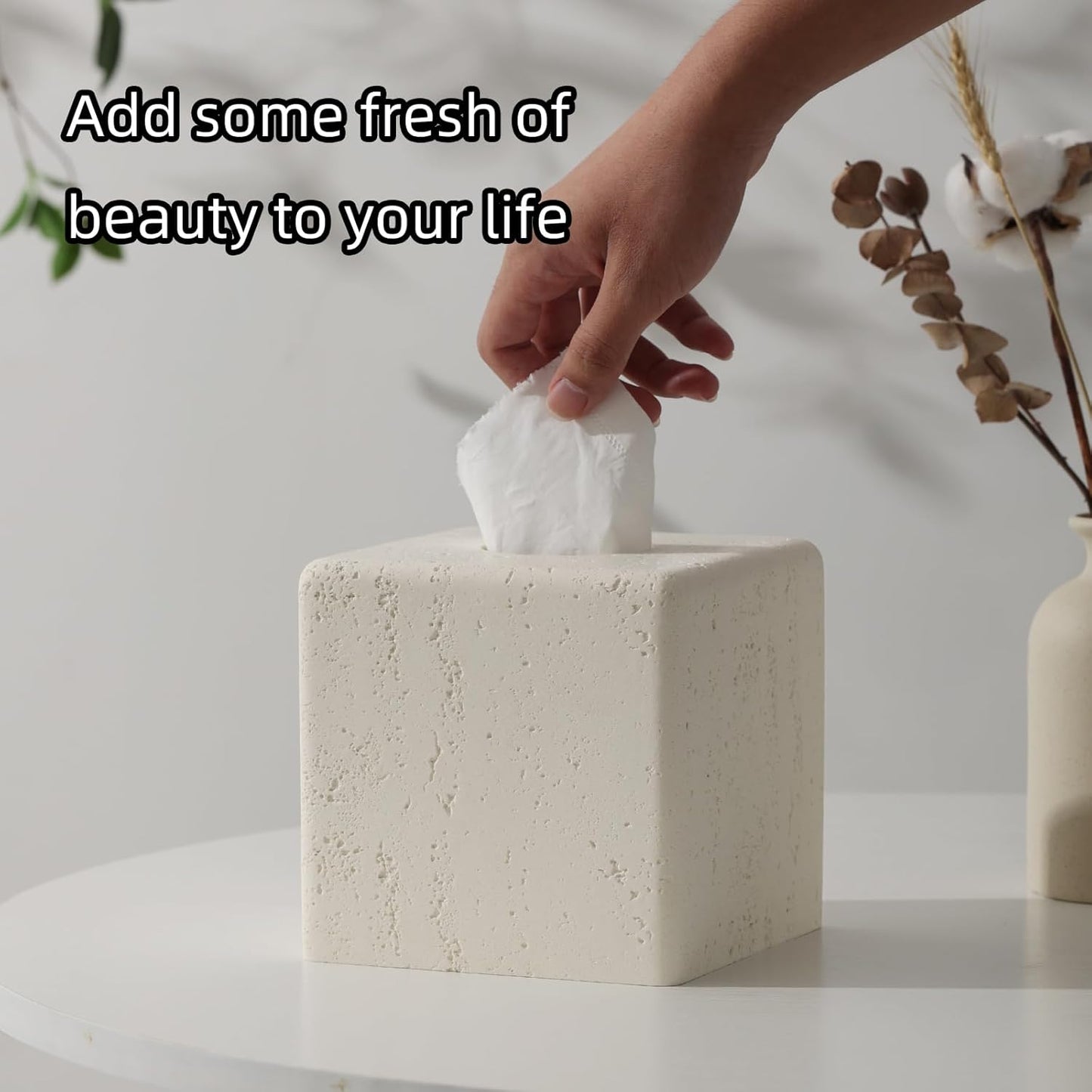 Tissue Box Cover Square, Resin Facial Tissue Holder Covers Toilet Paper Holder Decorative Travertine Paper Dispenser Home Decor for Bathroom Bedroom Living Room Office (Off White)