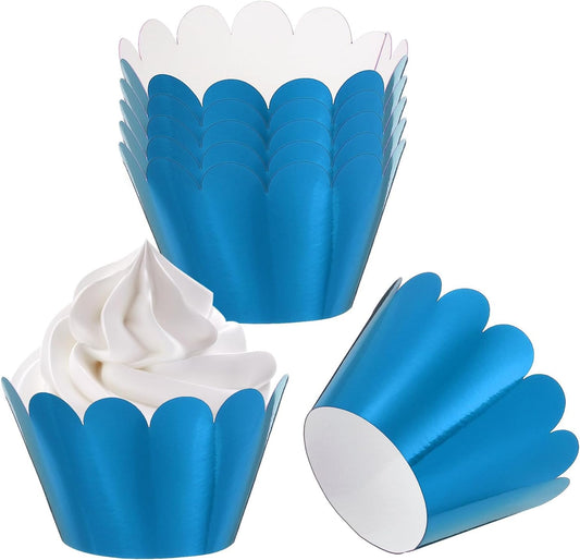 PATIKIL Cupcake Wrappers Paper, 50 Pack Baking Cups Standard Wave Decoration for Anniversary Birthday Weddings and Parties, Reflective Blue