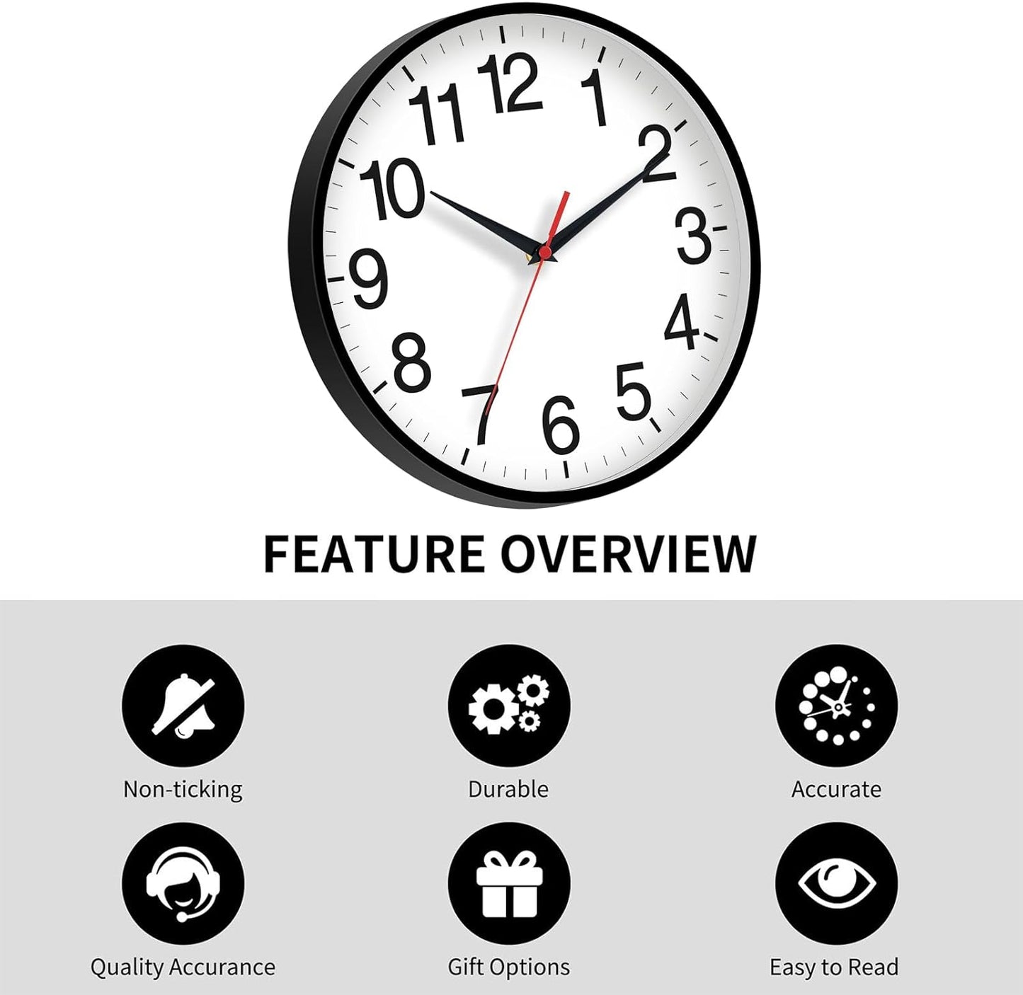 18 Inch Wall Clock, Modern Battery Operated Wall Clocks, Silent Non Ticking Large Analog Clock for Living Room, Office, Home, Bedroom, Kitchen, Bathroom(Black)