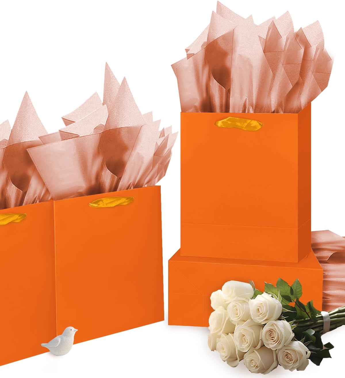 Gcardist Orange Gift Bags with Tissue Paper for Wedding, Birthday, Party Supplies-7.9"x4.3"x9.6" Medium Size Cardboard Gift Bags（5pcs Bags +10pcs Tissue Paper ）
