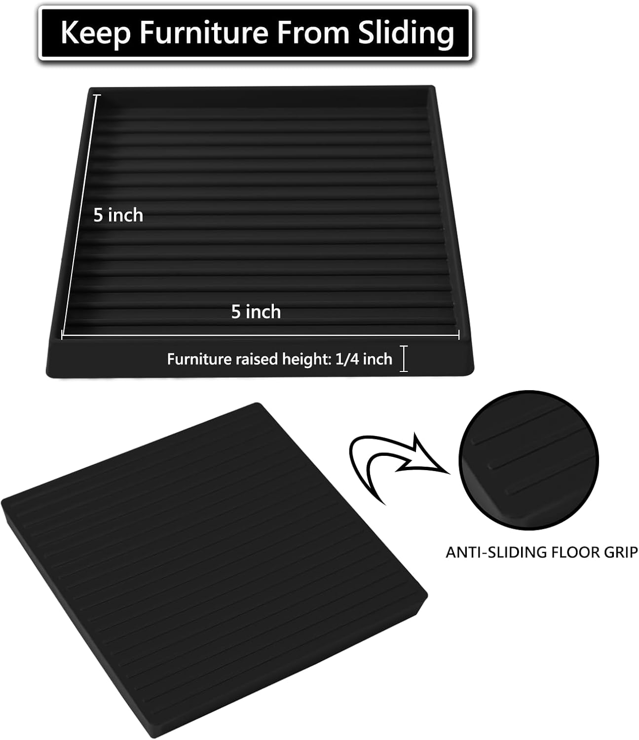 5x5 Square Rubber Furniture Caster Cups, Anti-Sliding Furniture Pads Bed Stopper Floor Protectors with Grip - Protect Any Flooring