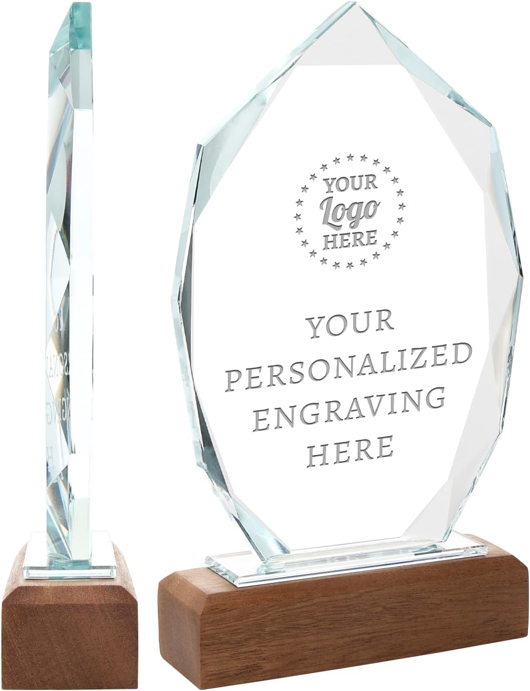Personalized Crystal Trophy Award with Solid Wood Base - Custom Engraved Plaques for Employee Recognition, Sports Trophies, Thanks Gifts
