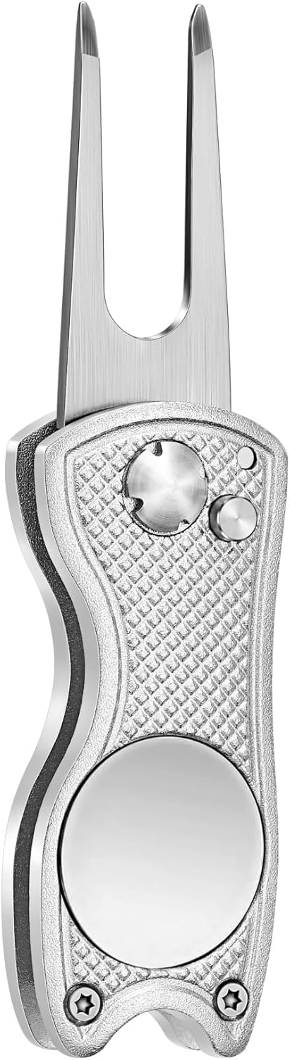Mile High Life Golf Divot Repair Tool, All Metal Foldable Divot Tool with Pop-up Button & Magnetic Ball Marker, 2-6 Pack