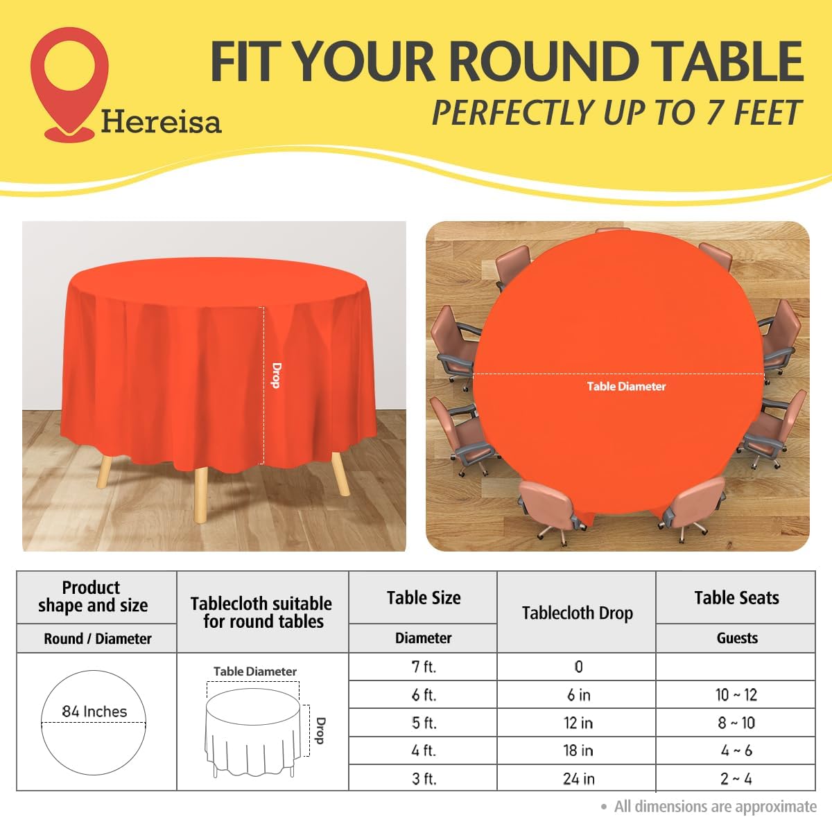 Brand Round Orange Plastic 84" Disposable Tablecloth (3 Pack), Party & Event Decorative Cover