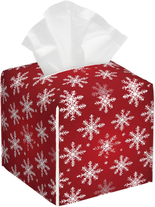 Tissue Box Cover Christmas Snowflakes Pattern Square PU Leather Tissue Box Holder for Car Bathroom Bedroom Desk Tabletop Decor