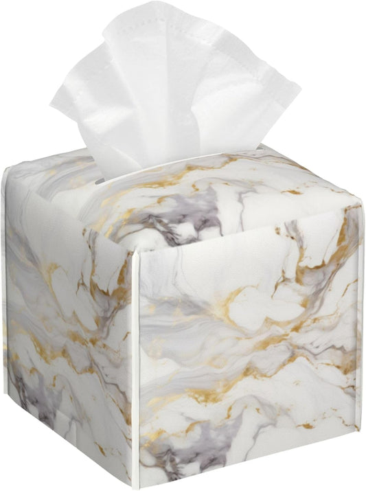 White Gold Marble Tissue Box Cover Square, Modern Abstract Marble Texture Tissue Box Holder Waterproof Leather Facial Paper Organizer Dispenser for Bathroom Home Car Nightstand Vanity Desk