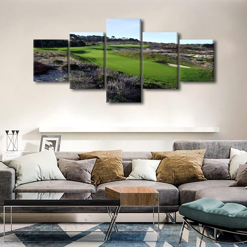 Golf Course Wall Art American Green Golf Course Scenery Family Canvas Wall Art Canvas Prints Gallery Wrap Modern Home Decor Artwork 5 Panels for Home and Office Framed Ready to Hang - 50"W x 24"H