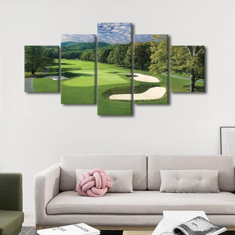 American Golf Course Field Wall Art West Virginia United States Course Photos Sport Canvas Wall Art 5 Panels for Living Room Bedroom Office Wall Decor Poster Prints Framed Ready to Hang - 60"W x 32"H
