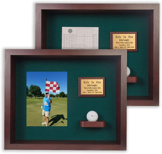Hole in One Shadowbox and Golf Ball Display Case | Personalized Engraved Plate | Holds Golf Ball and Scorecard or Photo | Vertical Layout | Cherry Finis | Wall Mounted