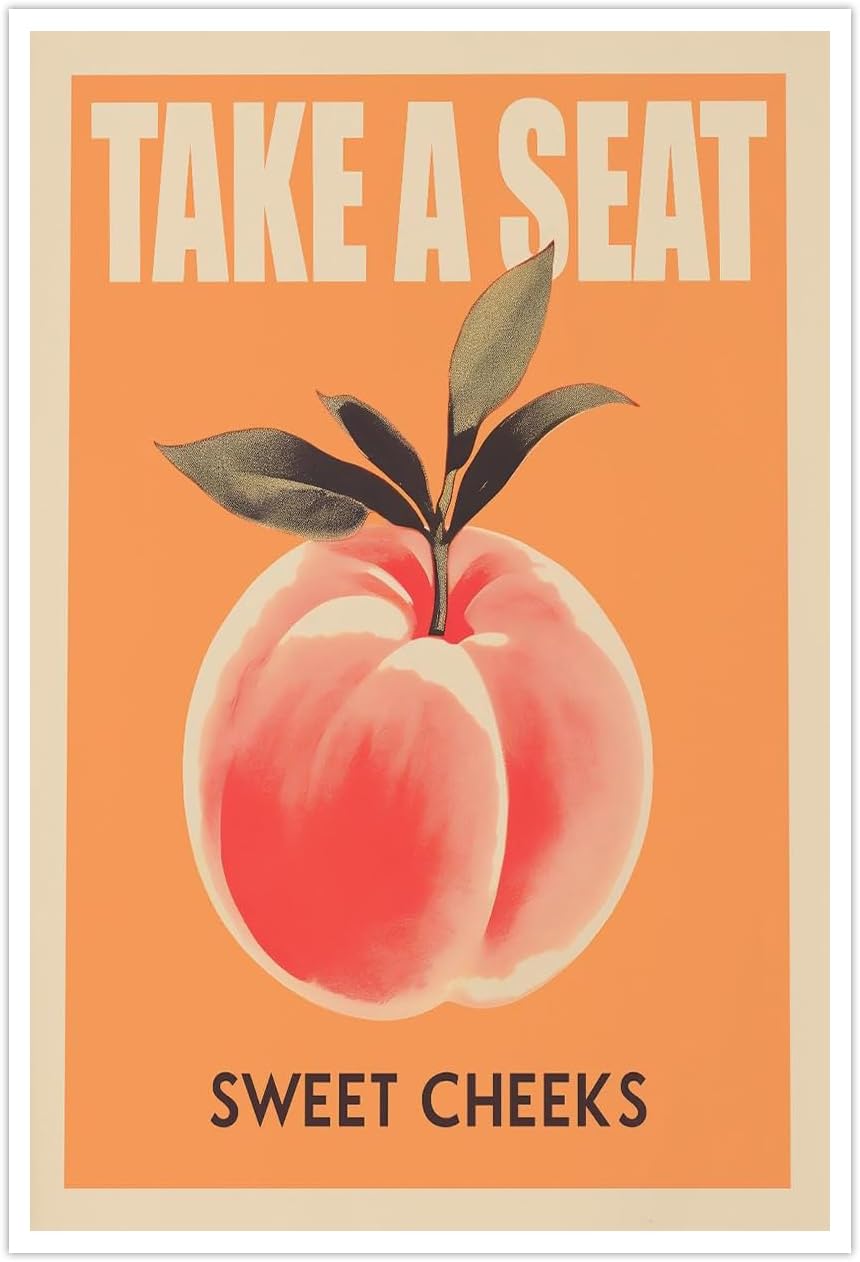 Take a Seat Sweet Cheeks Poster, Funny Bathroom Wall Art Peach Bum Art Canvas Print, Minimalist Preppy Orange Pink Wall Decor for Dorm Toilet 16x24in Unframed
