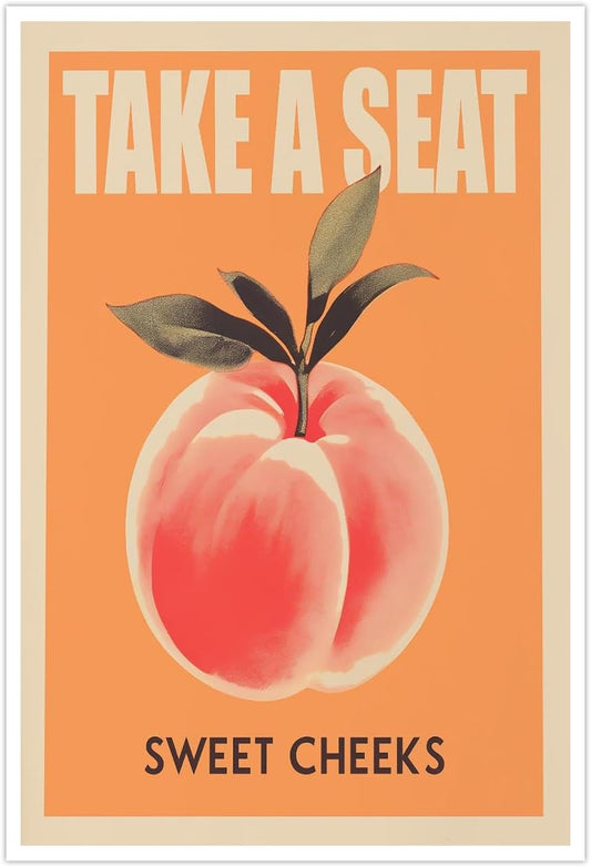 Take a Seat Sweet Cheeks Poster, Funny Bathroom Wall Art Peach Bum Art Canvas Print, Minimalist Preppy Orange Pink Wall Decor for Dorm Toilet 16x24in Unframed