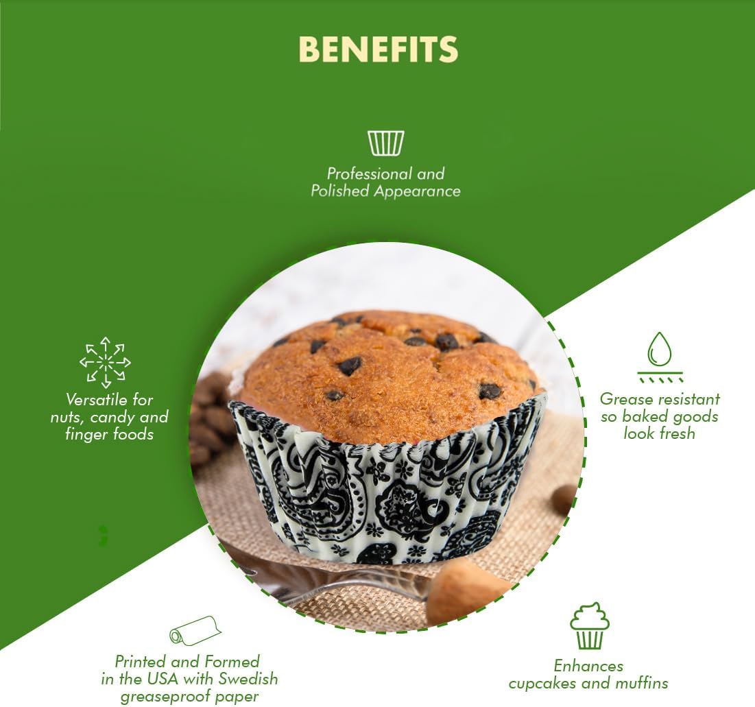 Regency Wraps Greaseproof Professional Grade Baking Cups, Pack of 40, Standard Liners, Black/White Paisley, for Cupcakes, Muffins, Candy, Non Stick