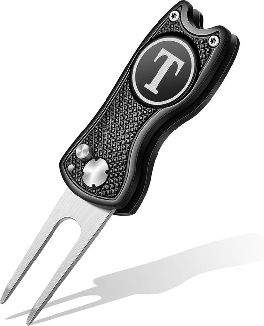 Golf Divot Repair Tool with Letter Custom Monogrammed Initial Ball Marker Divot Tool Foldable Metal with Magnetic Putt Alignment Golf Gifts for Men Father Golfer Christmas