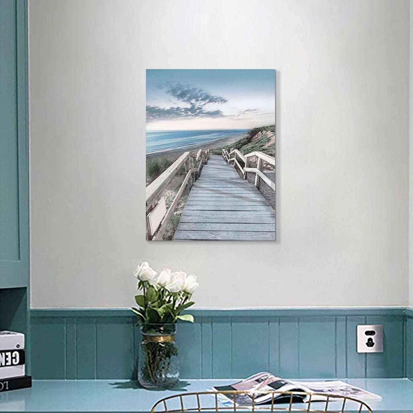 Beachside Wooden Path Wall Art: Bridge Boardwalk Stair Graphic Art on Wrapped Canvas for Wall Decor (18''x24'')