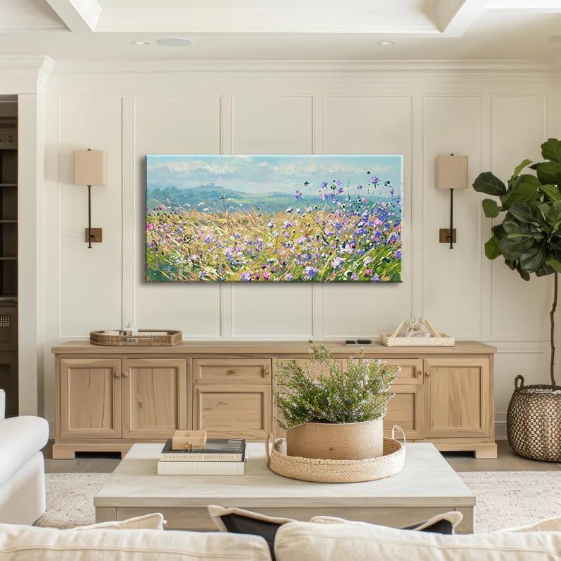 Rustic Wildflower Wall Art Farmhouse Colorful Floral Scenery Picture for Living Room Watercolor Daisy Flower Botanical Landscape Prints Nature Painting Bedroom Bathroom Home Decorations 48"x24"