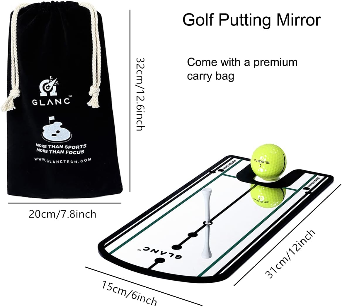 GLANC Golf Putting Alignment Mirror (12” x 6”), Putting Training Aids with Carry Bag for Indoor & Outdoor Use, Trainer Putting Practice Mirror for Improving Technique Accuracy Posture