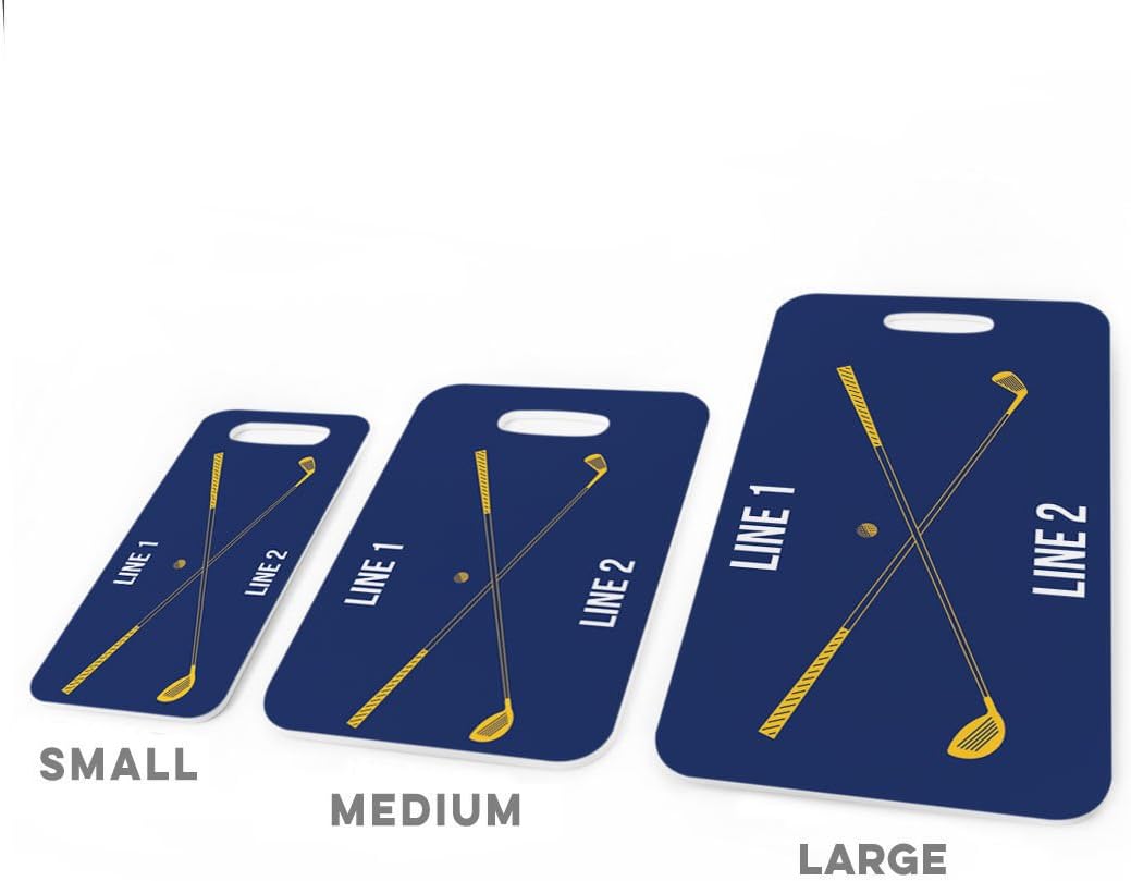 ChalkTalkSPORTS Golf Luggage & Bag Tag | Personalized Crossed Golf Clubs | Standard Lines on Back | Medium | Navy/Gold