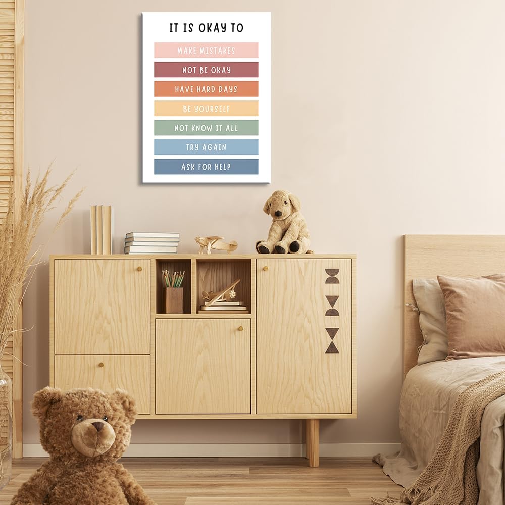uoyien Growth Mindset Mental Health Posters Boho Classroom Playroom Therapy Wall Decor Affirmations Quotes Canvas Wall Art Kids Educational Prints For Calming Corner Decoration 12x16in Wood Framed