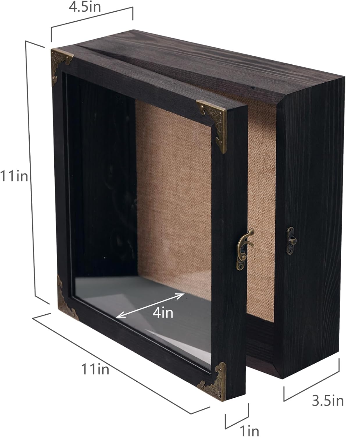 11x11 Inch Deep Shadow Box Frame 4.5" Depth, Black Solid Wood Display Case with Acrylic Door, Vintage Metal Corners, Memory Box for Medals Photos Coins Awards Wedding Keepsakes Military Memorial Gifts