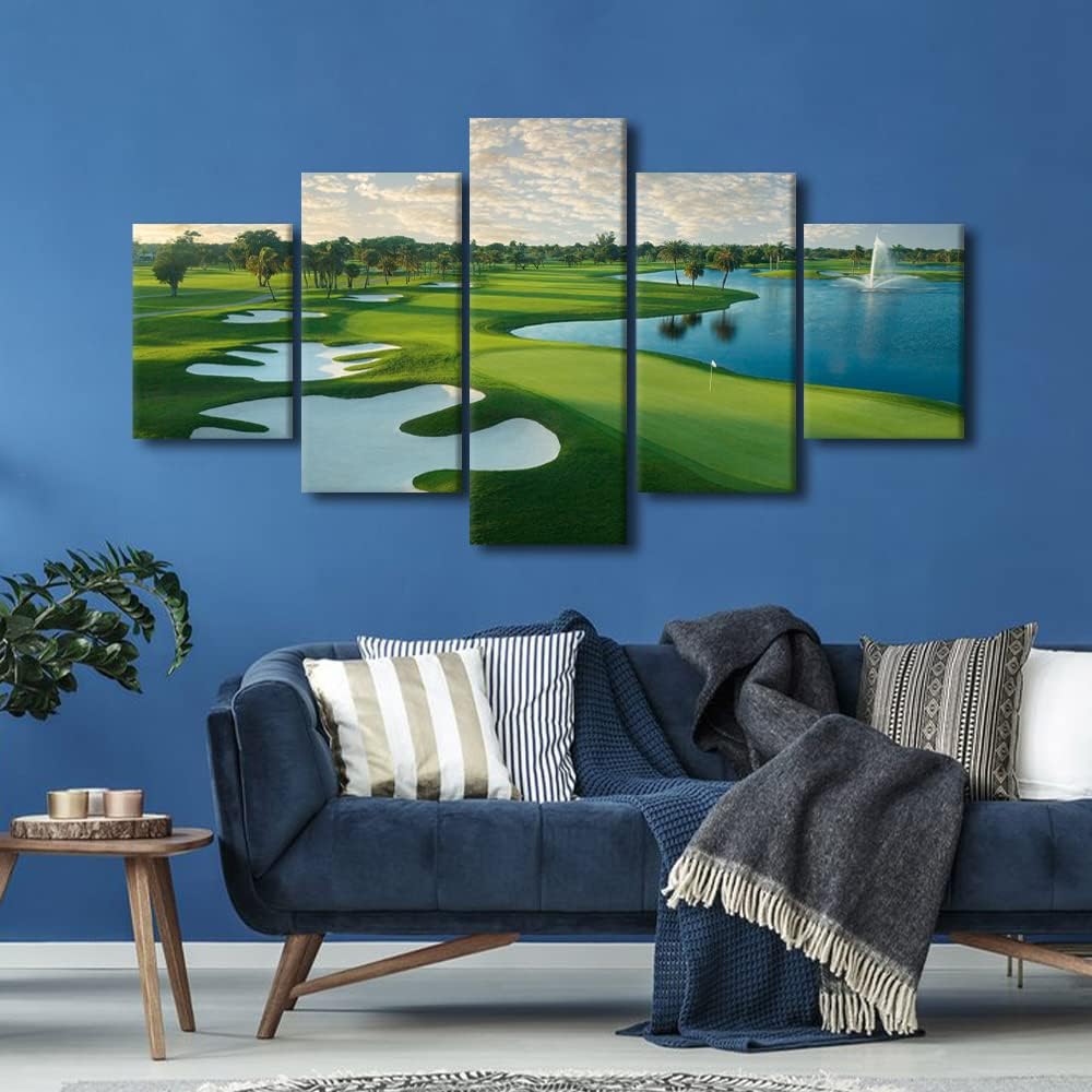 Golfing Link Scenery Paintings Green Meadow Pictures for Living Room Multi Panel Prints Wall Art on Canvas Contemporary Artwork Bedroom Home Decor Framed Gallery-Wrapped Ready to Hang - 60" W x 32" H