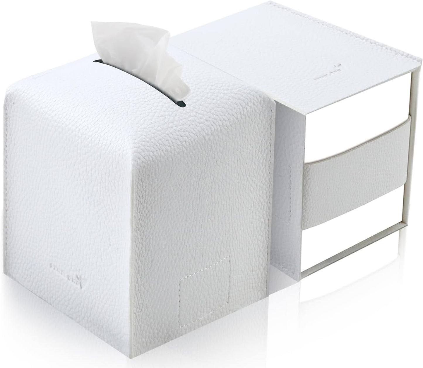 Tissue Box Cover 5X5X5'' PU Leather Tissue Holder Square Tissue Cube Box Organizer for Bathroom Vanity Countertop, Car, Night Stands, Office, Home, Kitchen (2Pack, White)