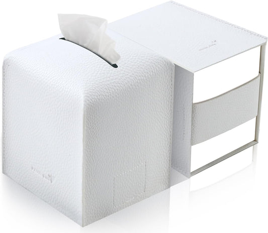 Tissue Box Cover 5X5X5'' PU Leather Tissue Holder Square Tissue Cube Box Organizer for Bathroom Vanity Countertop, Car, Night Stands, Office, Home, Kitchen (2Pack, White)