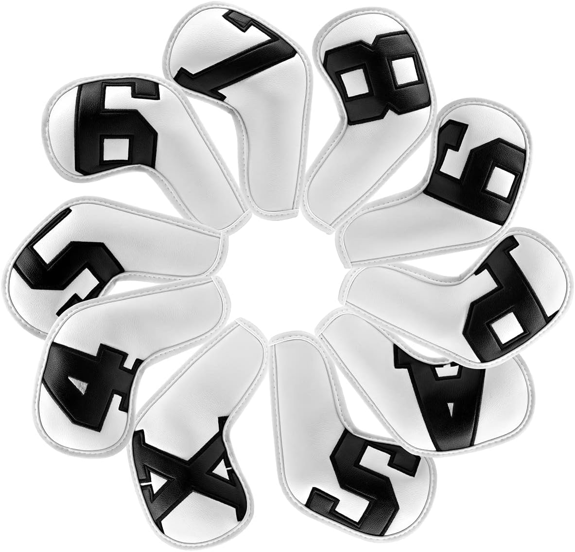 Barudan Golf Iron Club Head Covers Set Headcovers for Callaway Ping S5 - Big Colorful Number - Long Neck - Black Pu Leather fits Small Standard Oversized Golf Clubs 10pcs/Pack (White+Black Number)