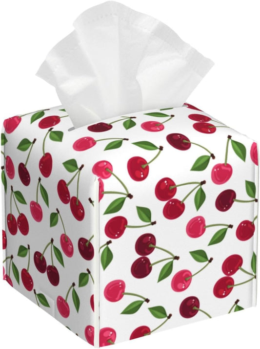 Cherry Tissue Box Holder Paper Organizer, PU Leather Tissue Case Cover, Cherry Decor for Bathroom, Kitchen, Car