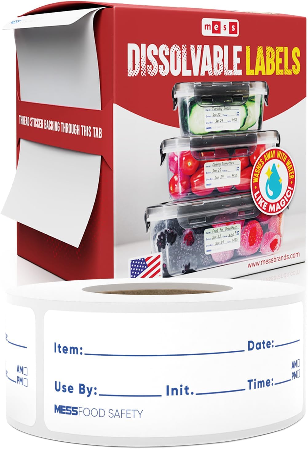 MESS Dissolvable Food Labels, 1x3, 200/Roll - Dissolves in 30 Seconds or Less - Removable Pantry, Meal Prep & Food Storage Labels – Canning & Freezer Use