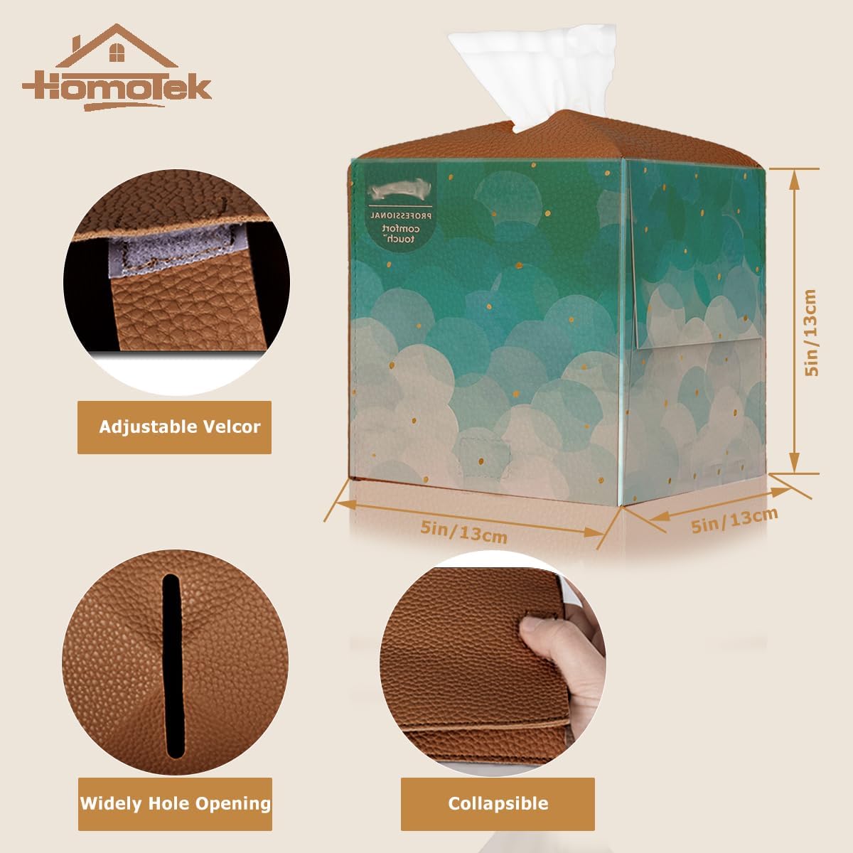 HOMOTEK 2 Pack Tissue Box Cover, Square PU Leather Tissue Holder, Decorative Facial Tissue Cube Paper Organizer Dispenser for Bathroom, Night Stands, Desk, Car 5X5X5'' - Dark Gray, Pebble Grain