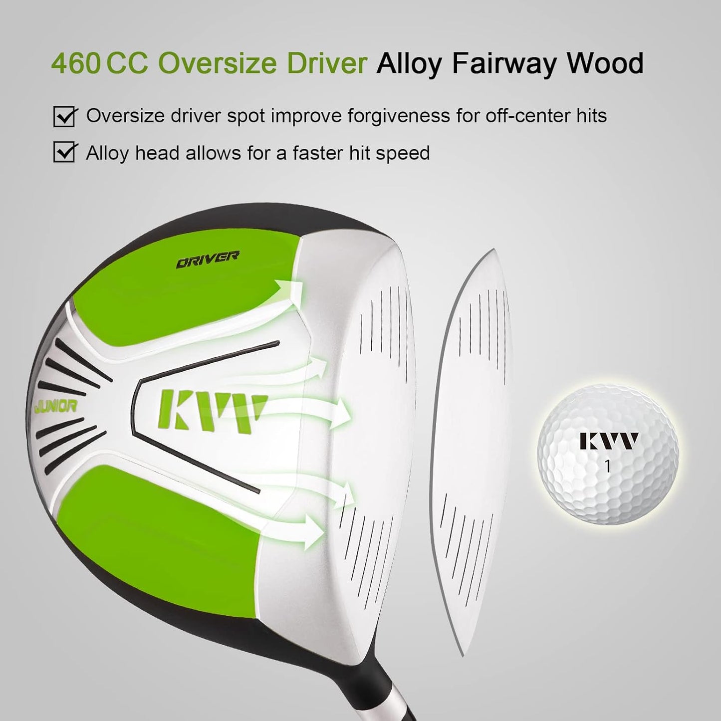 KVV Junior Complete Golf Club Set for Kids/Children Right Hand, Includes Oversize Driver, Irons, Putter, Head Cover, Portable Golf Stand Bag