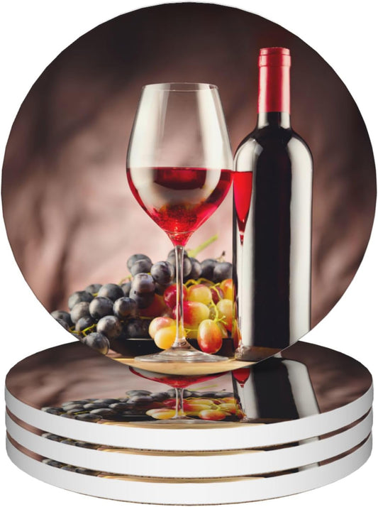 Drinks Coasters Set of 4, Wine Glass Round 4" Cup Coasters, Absorbent Ceramic Stone Coasters with Cork Base, Cute Coasters for Table Home Décor, Ideal Gifts for Women Men