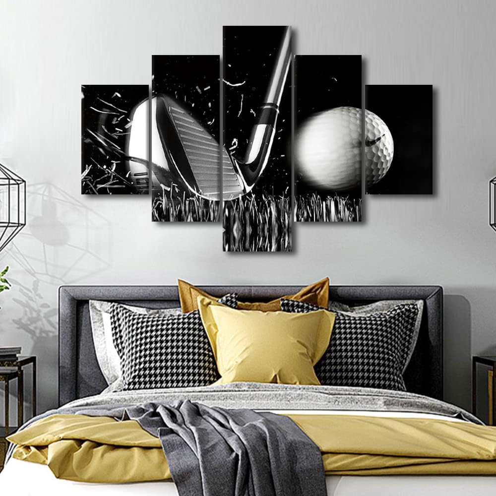 Golf Pctures Wall Decor Black and White Paintings Golf Course Wall Art for Living Room Golfing Sports Artwork 5 Piece Prints on Canvas Modern House Decor Giclee Framed Ready to Hang - 60"W x 40"H