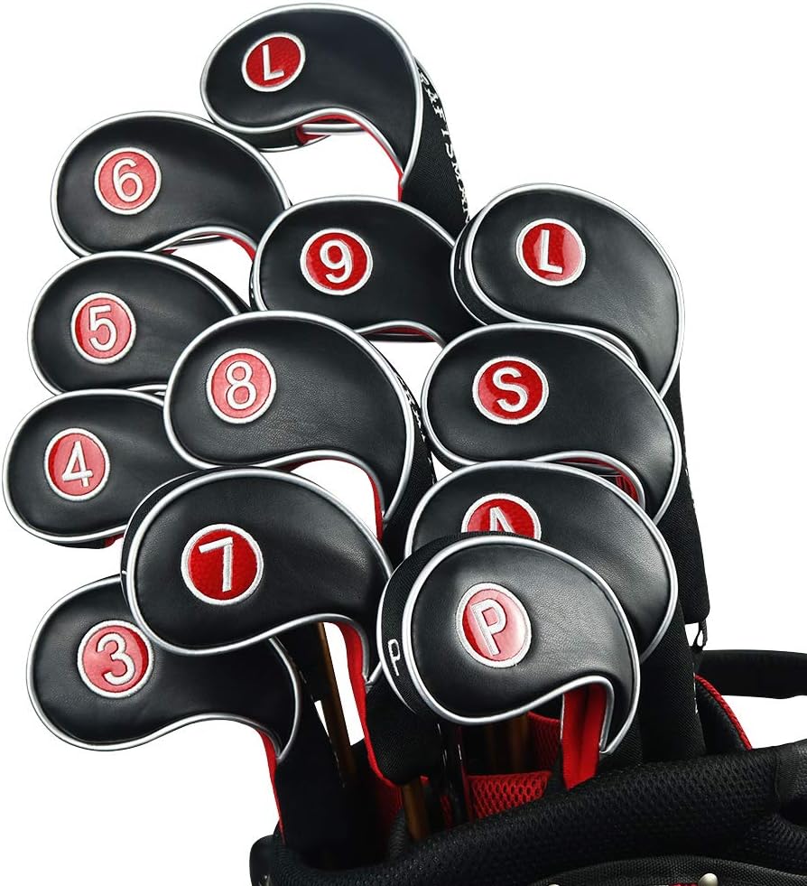 Craftsman Golf 12pcs Golf Iron Putter Head Covers Headcover Set Black & Red Fit All Brands Callaway, Ping, Taylormade, Cobra, Etc.