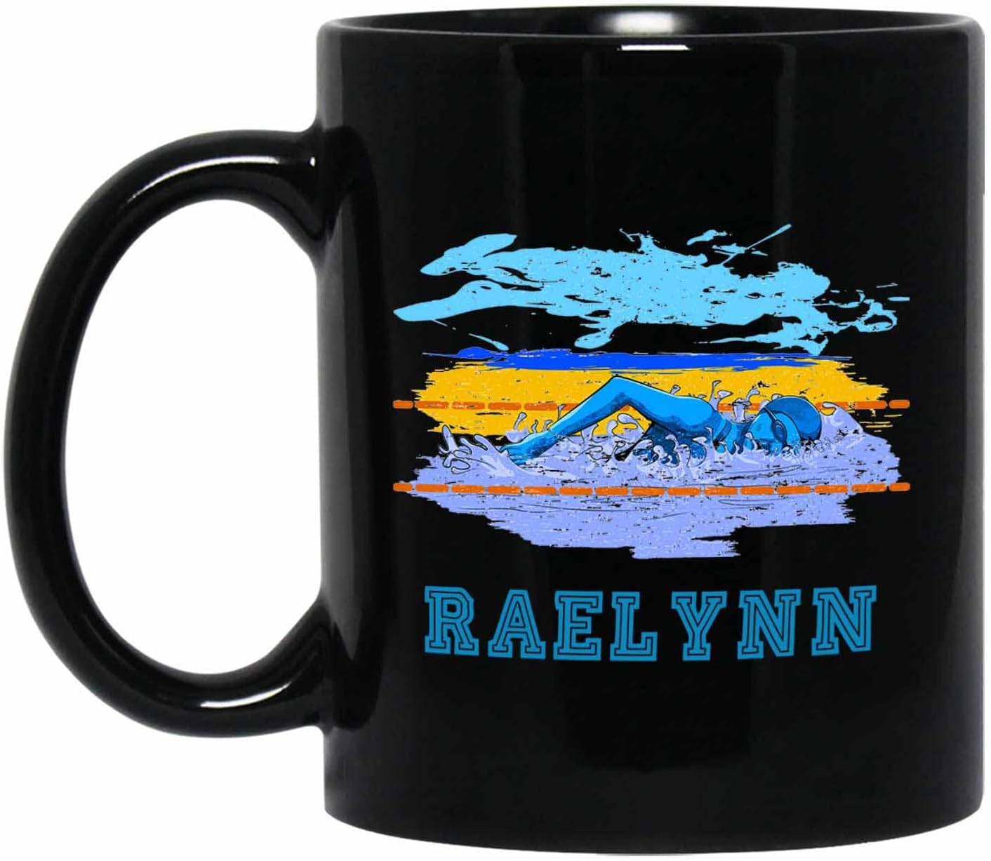 Personalized Black Ceramic Swimming Mug - Customized Travel Coffee Cup With Choose Name, 11 Oz or 15 Oz - Novelty Sports Gifts for Swimmers and Swimming Lovers