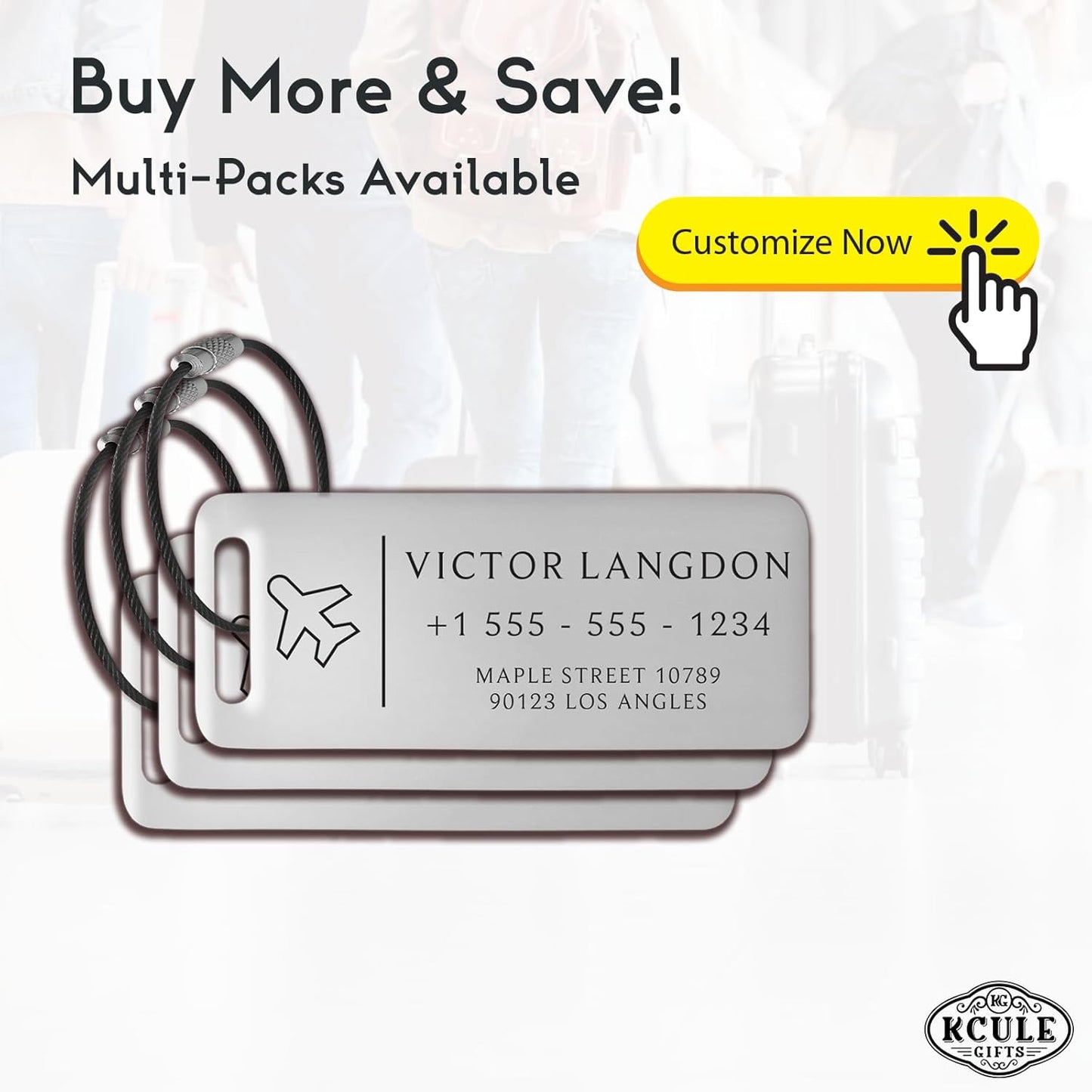 Personalized Luggage Tags for Suitcases - Stainless Steel Custom Luggage Tags for Backpacks & Bags, Sturdy, Waterproof & Heavy Duty (Rose Gold or Silver / 3" x 1.25")