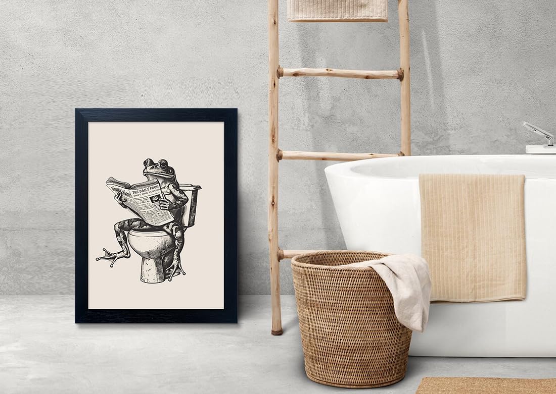 Framed Bathroom Wall Art - Funny Frog on Toilet Reading Newspaper Canvas Painting - Animal Artwork Pictures for Bathroom Decorations