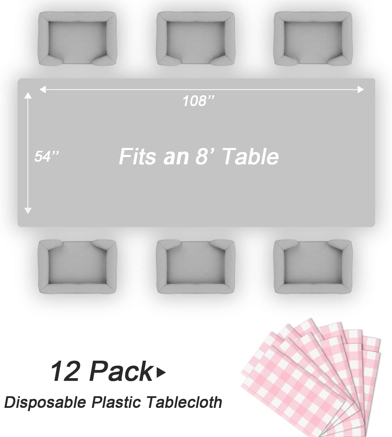 QIKSION Pink Gingham Tablecloth Disposable 12 Pack, 54 x 108 Inch Pink and White Checkered Table Cloth for Rectangle Tables, Plastic Table Cover