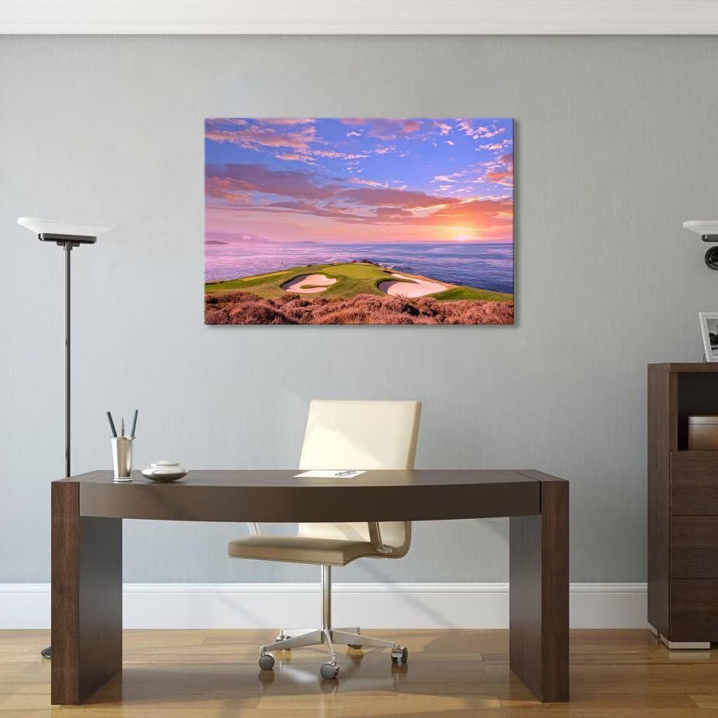 Pebble Beach Golf Course Hole 7 Wall Art Prints - Monterey California USA Golf Course Canvas Wall Art for Living Room Bedroom Bathroom Home Decorations Gifts Framed Ready to Hang(12''H x 16''W)