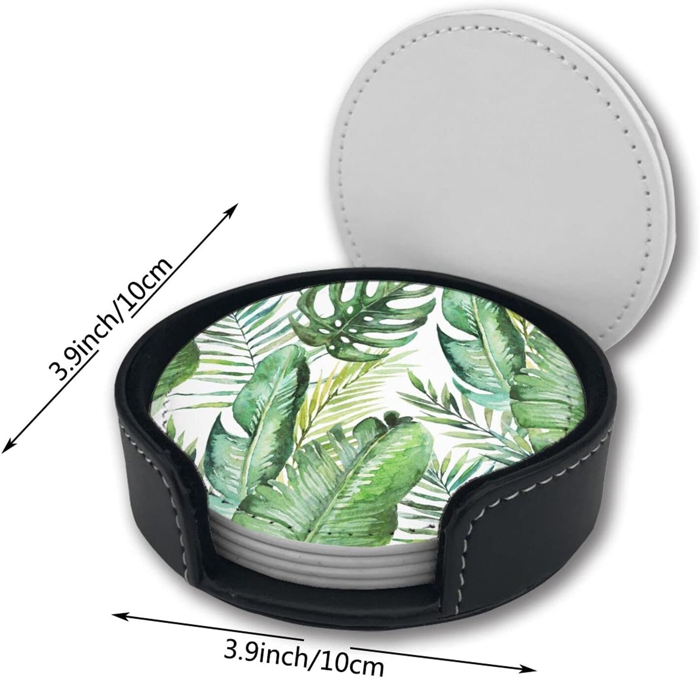 Green Tropical Palm and Fern Leaves Leather Drinks Coasters with Holder Set of 6, Suitable for Kinds of Cups