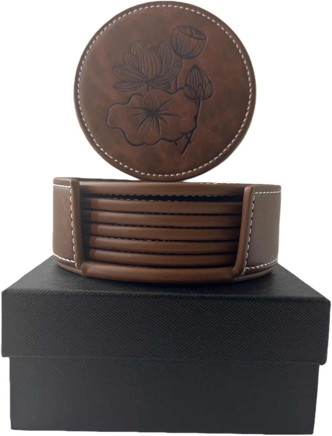 Custom Vintage Coasters Set of 6, Leather Coasters with Holder, Coaster for Office Desk, Non-Slip, Non-Stick, Easy Clean, for Housewarming Gifts, Home Decor, Wooden Table, Coffee Table, Bar (Brown)