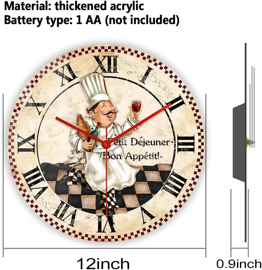 12 Inch Kitchen Wall Clock Roman Numerals, Vintage Decorative Wall Watch Clock Silent Quartz Non Ticking Battery Operated Round Wall Art Clock for Restaurant Dining Room Farmhouse Chef Gift