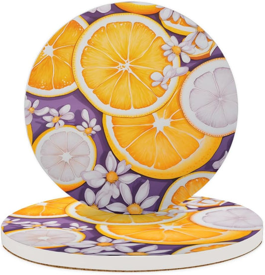 Ceramic Coasters for Drinks with Cork Back, Citrus Slice Daisy 4 Inch Absorbent Coaster Set 2 Pack, Quick Dry Non-Slip Coaster Mats for Home, Office, Bar