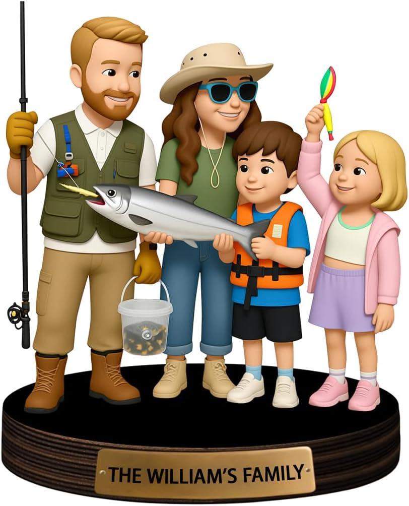 Personalized Family Photo Cartoon Desktop Ornament Custom Fisherman Portrait Figurine Plaque with Name Picture Acrylic Sculpture Desk Sign for Men Women Family Lover Christmas,02