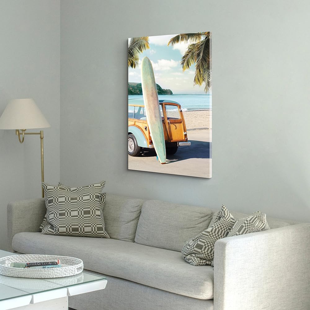 coastal wall art surfboard pictures: beach car wall decor seaside artwork surfing ocean print in beach canvas painting for bedroom 36" x 24"