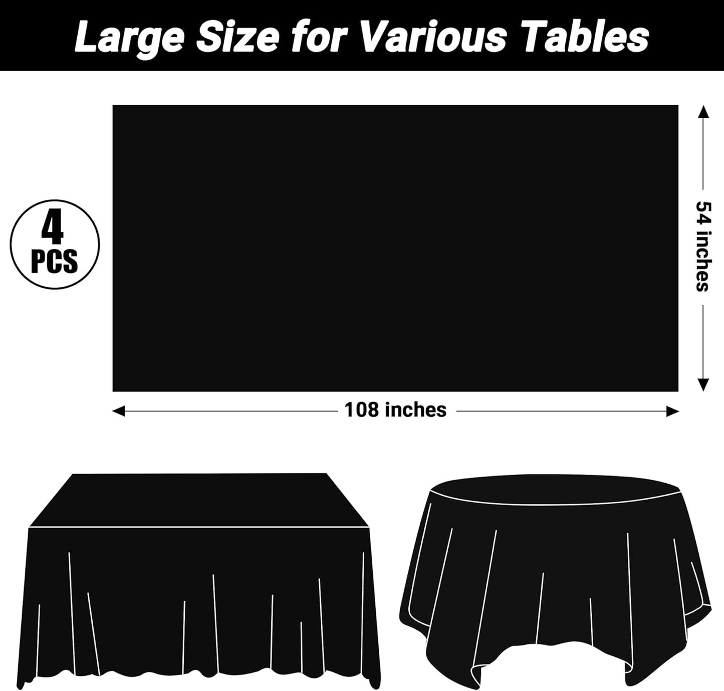 QZYL 4 PCS Picnic Table Cover with Bench Covers, Black Plastic Table Cloths, 54 X 108 in Disposable Waterproof Rectangle Table Covers for Camping Birthdays Weddings Parties Christmas